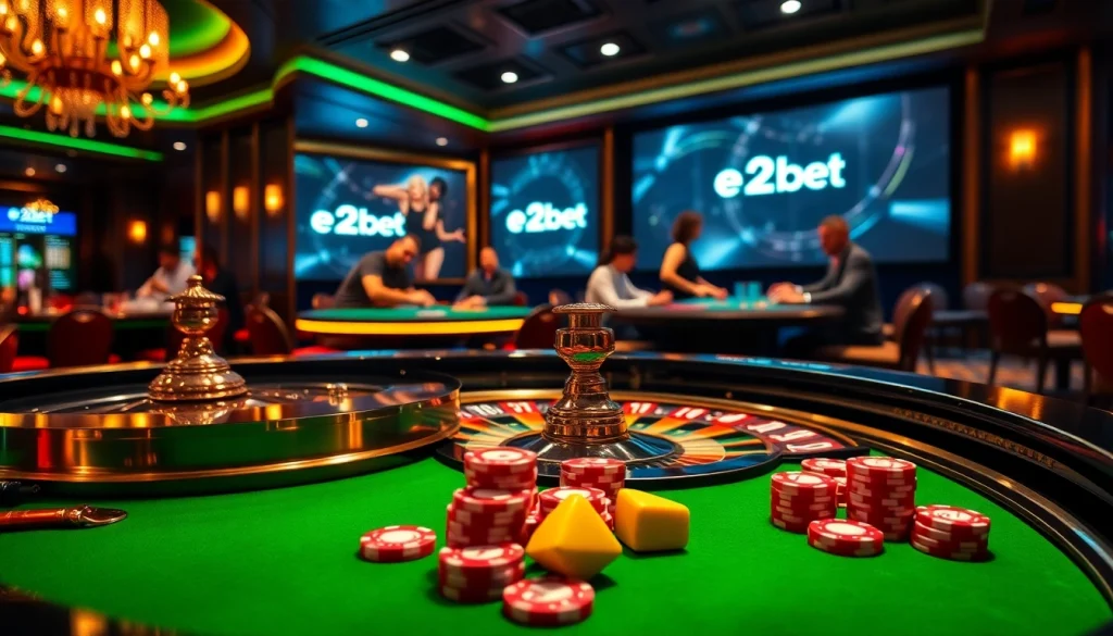 E2bet branding highlights an exciting casino scene with vibrant roulette, poker chips, and digital gambling.