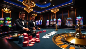Experience thrilling Fun88 poker with vibrant chips and professional dealers in a luxurious casino.