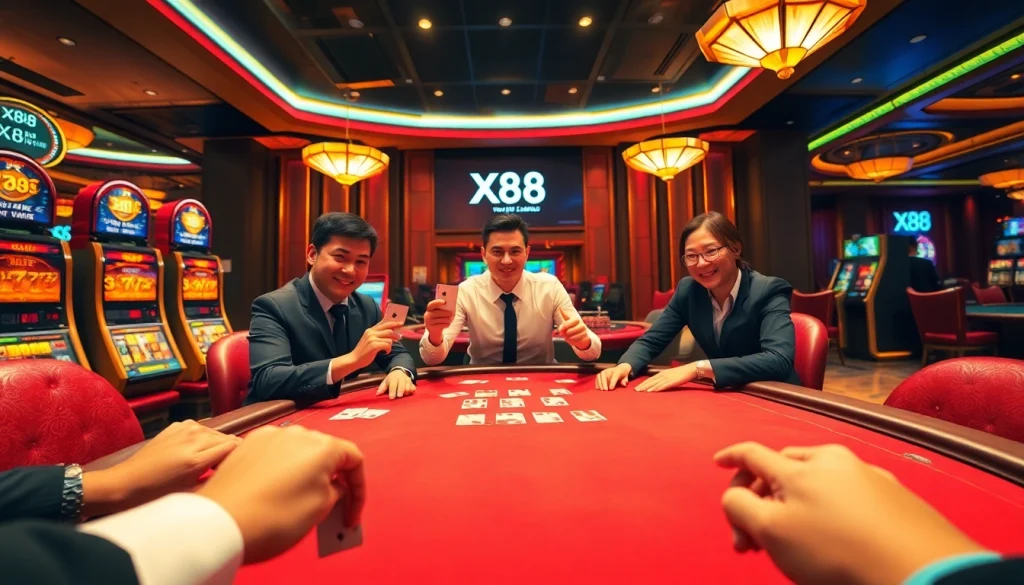 X88 players enjoying a thrilling poker game in a luxurious casino setting