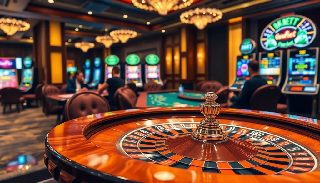 Players enjoying their game at the 8KBET casino table with vibrant slot machines in view.