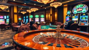Players enjoying their game at the 8KBET casino table with vibrant slot machines in view.