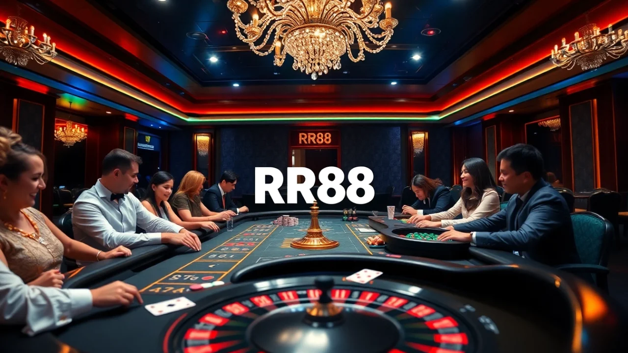 Exciting casino gaming atmosphere at RR88 with professional croupiers and vibrant poker setup.