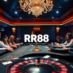 Exciting casino gaming atmosphere at RR88 with professional croupiers and vibrant poker setup.