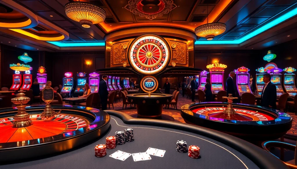 Players engaging in thrilling casino action at https://777vip.dev/ with colorful slot machines and poker tables.
