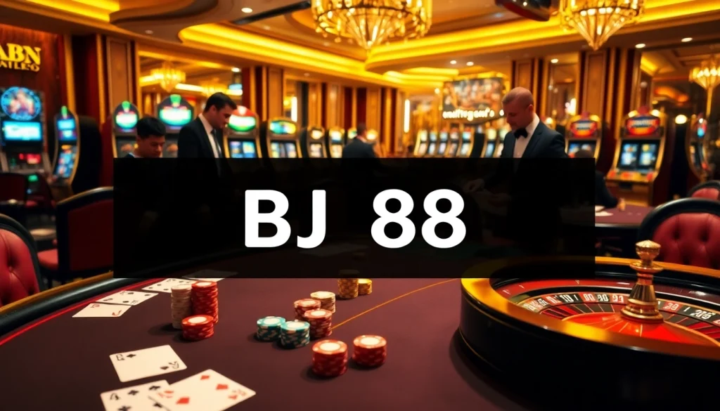 Experience high-stakes gaming at BJ88 with a luxurious poker table and vibrant roulette wheel.