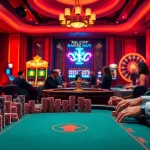 Experience the excitement of Ku bet with vibrant casino visuals showcasing poker tables and slot machines.