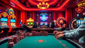 Experience the excitement of Ku bet with vibrant casino visuals showcasing poker tables and slot machines.