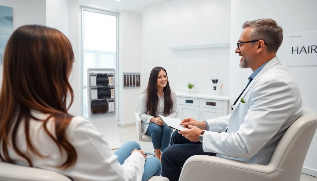 カミノクリニック　モニタ consultation scene with a dermatologist and patient in a modern hair clinic setting.