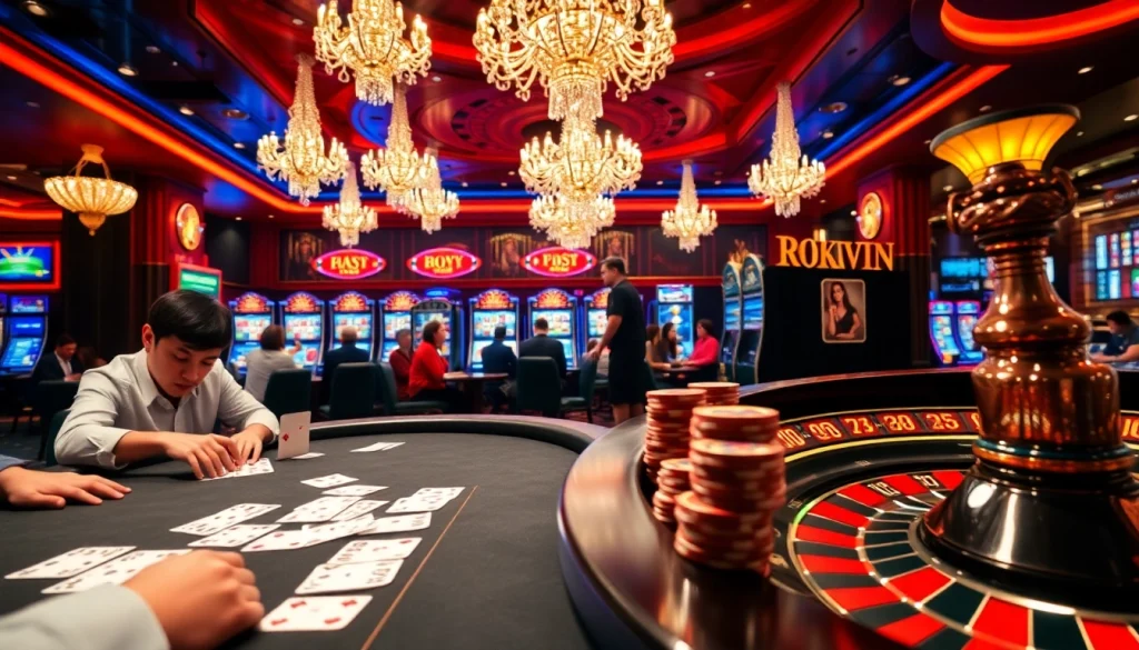 Engaged gamblers at https://rikvip.talk/ enjoying an exciting poker game in a luxurious casino.