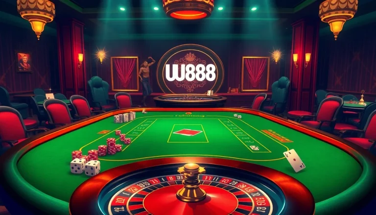 Engage in the thrill of UU88 online gambling with vibrant casino visuals featuring roulette, poker chips, and cards.