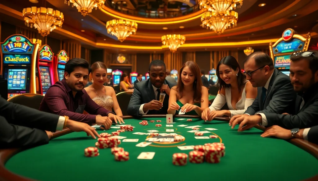 SX88 players engaging at a luxurious poker table in a vibrant casino setting