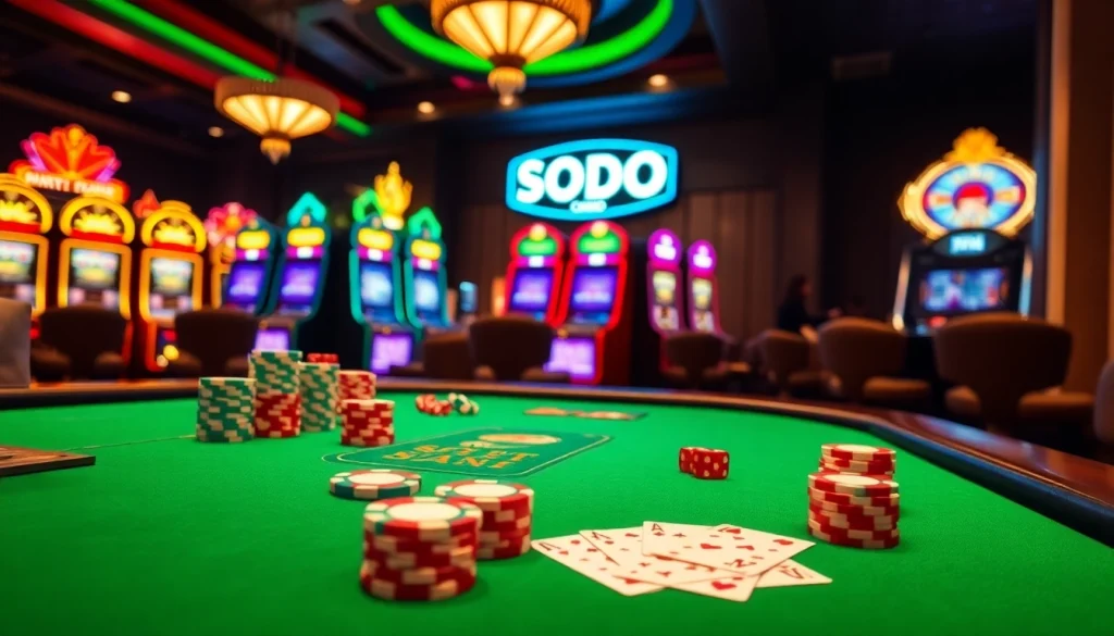 Experience the thrill of gaming at SODO Casino with vibrant poker chips and a stylish gaming table.