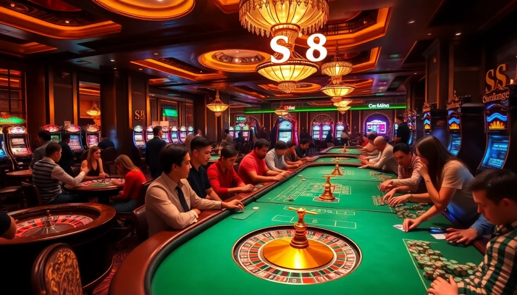 S8 casino excitement with vibrant gamblers around roulette and slot machines.