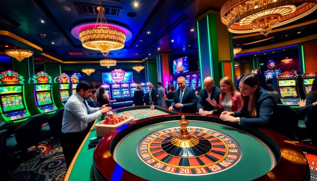 Players reveling in a thrilling game at 789f casino, surrounded by vibrant slot machines and roulette table.