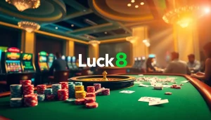 Luck8 casino scene featuring poker chips, roulette wheel, and engaged players enjoying their gambling experience.