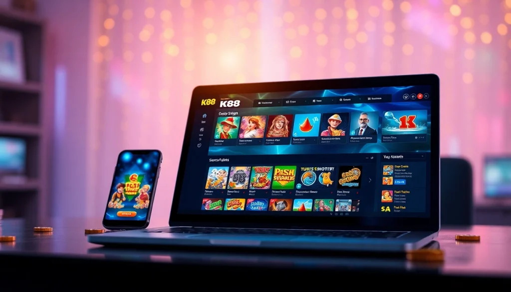 K88 online gaming interface showcasing engaging slots and sports betting elements for a vibrant gaming experience.
