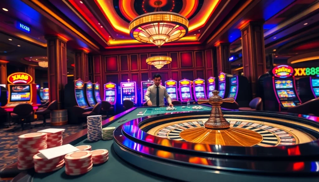 Experience the thrill of gambling at XX88 with a picturesque casino scene featuring roulette and slot machines.