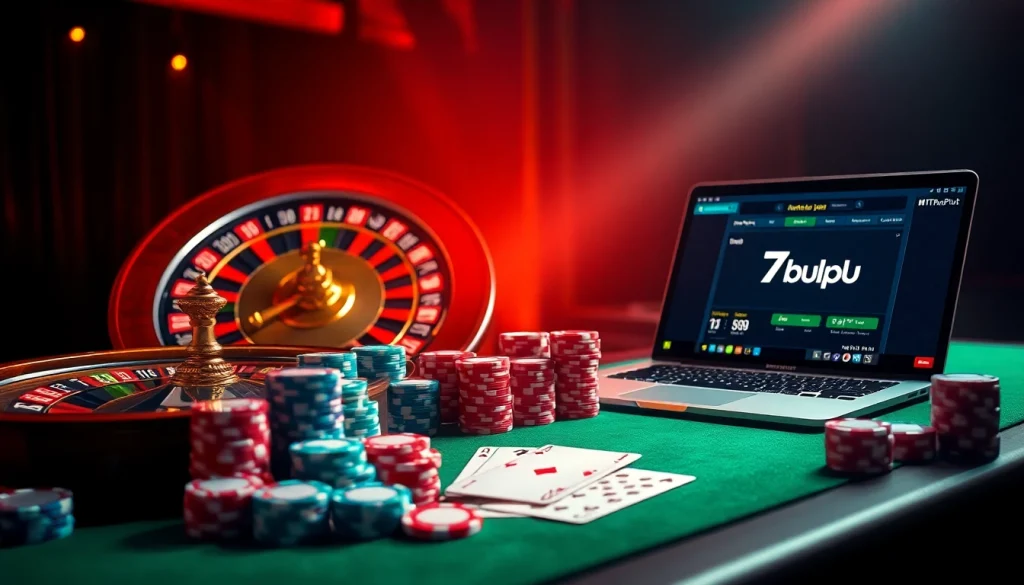 Experience the thrill of online gambling at https://7m.pub/ with a dynamic casino scene featuring roulette and poker.