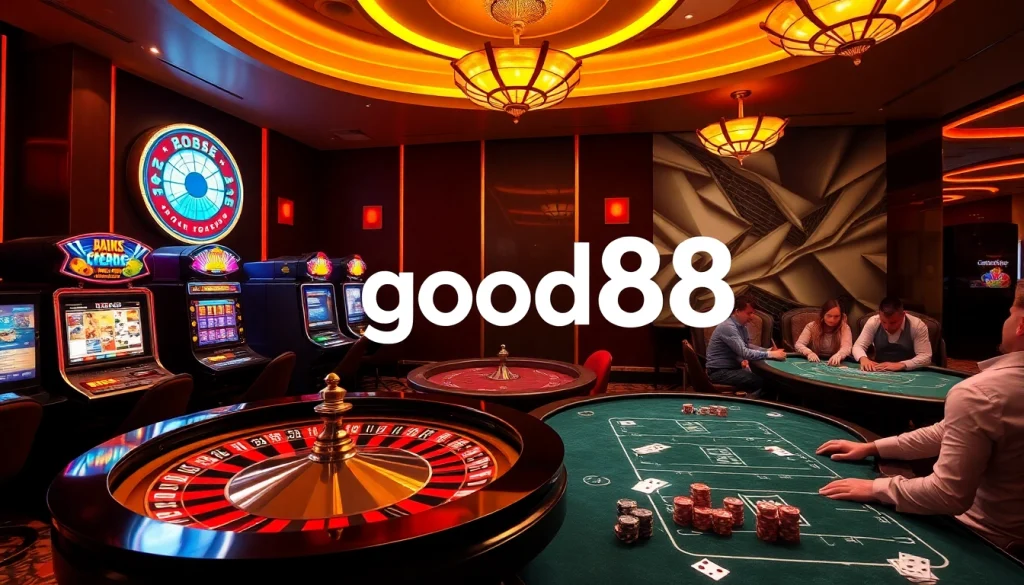 Experience the thrill of casino gaming with good88, featuring roulette, slot machines, and engaged players.