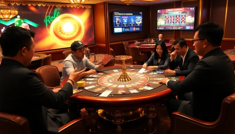 Xóc Đĩa players engaging in a thrilling game at a luxurious casino table.