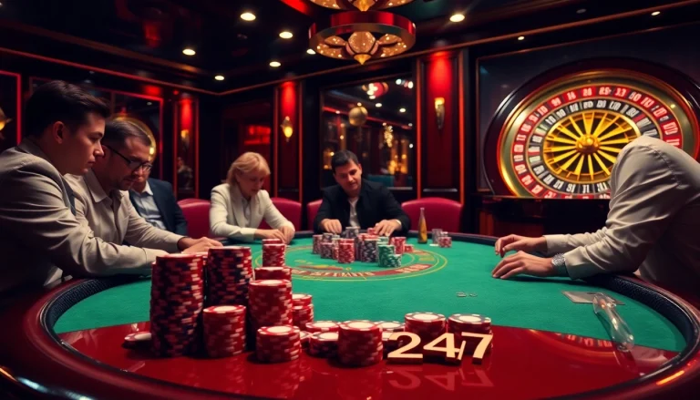 Engage in a thrilling poker game with Bet88247, showcasing players and vibrant casino atmosphere.