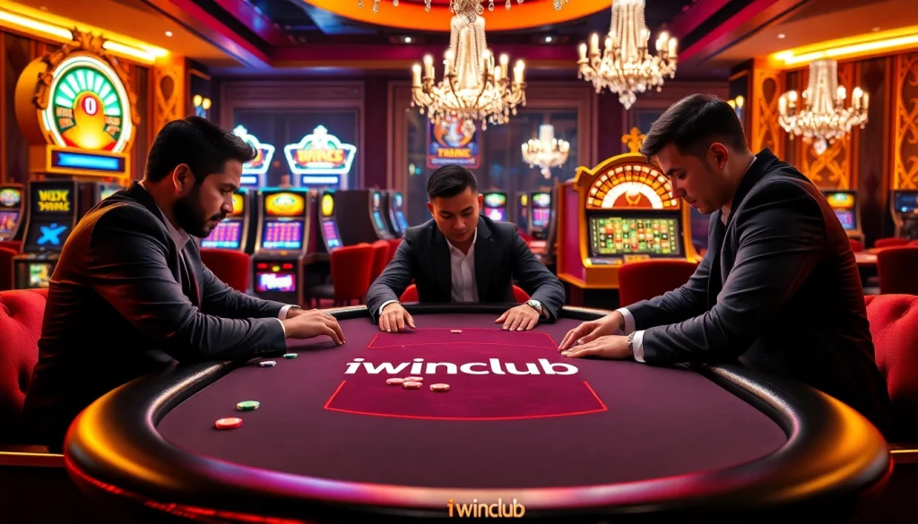 Players enjoying an intense game at the iwinclub poker table in a vibrant casino setting.