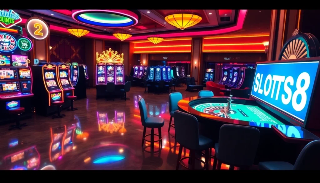 SLOTS8 immersive casino environment showcasing thrilling slot machines and roulette gameplay.