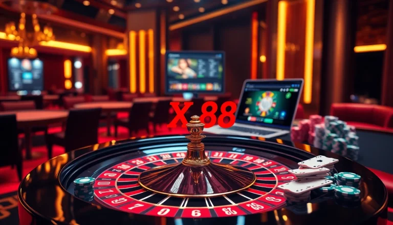 Engaging casino scene featuring XX88 roulette table, poker chips, and cards enhancing the gambling action.