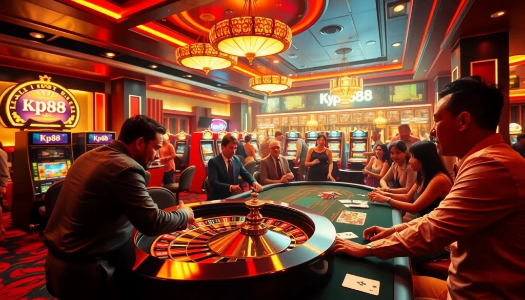 Engaged players at a casino enjoying the thrill of gambling with Kp88 themed elements.