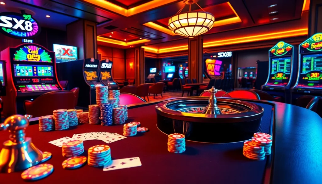 SX88 casino scene showcasing vibrant poker chips and an exciting roulette wheel, capturing the thrill of online gambling.