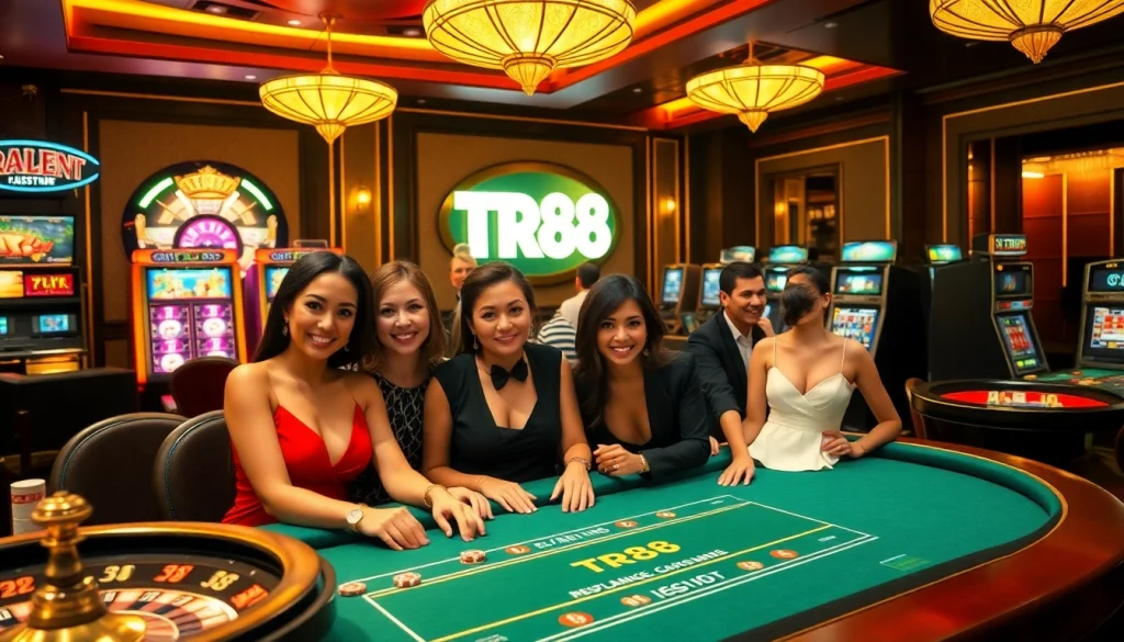 Excited players enjoying their time at the TR88 casino table with vibrant poker chips and roulette wheels.
