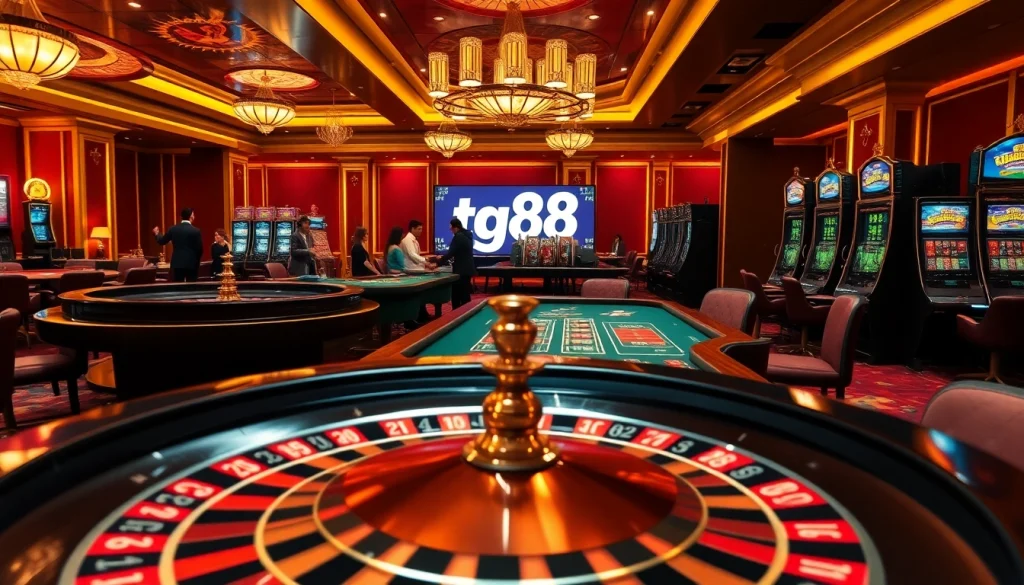TG88 casino players engaging at poker tables with luxurious ambiance and electronic betting displays.