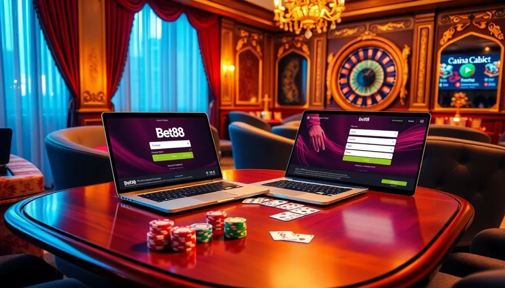 Engage with Bet88 đăng nhập on a sophisticated gambling interface featuring vibrant casino elements.