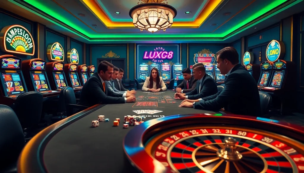 Người chơi LUCK8 lên chiến lược tại bàn poker giữa một casino sống động đầy phấn khích.