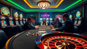 Người chơi LUCK8 lên chiến lược tại bàn poker giữa một casino sống động đầy phấn khích.