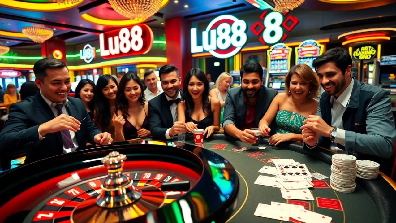Engaged gamblers enjoying games at lu88 casino, featuring a roulette wheel and poker chips.