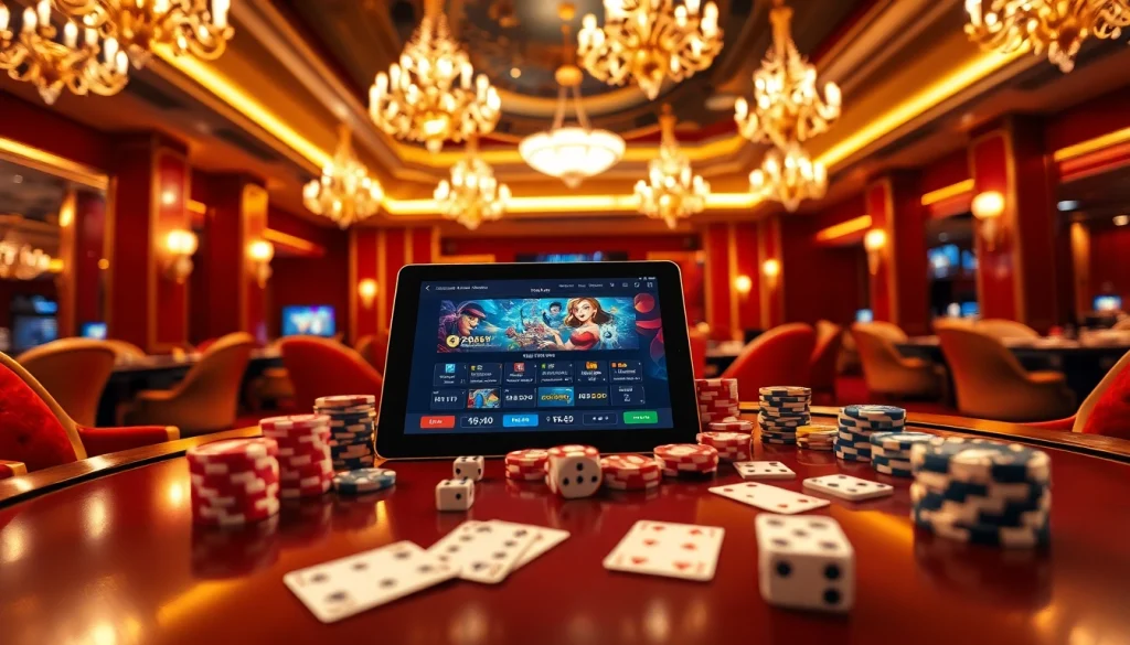 Uma mesa de jogo elegante em https://kk55.global/ apresentando fichas de pôquer e cartas, destacando a atmosfera luxuosa de cassino.