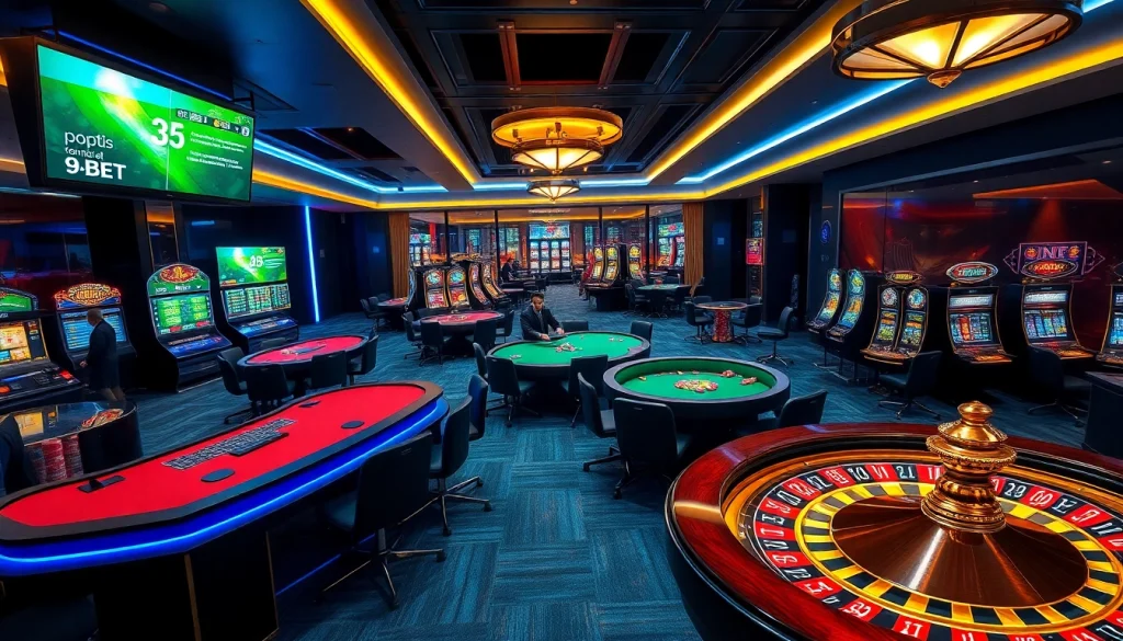 Engaging scene at 9BET casino showcasing vibrant betting tables, sports screens, and thrilling casino activities.