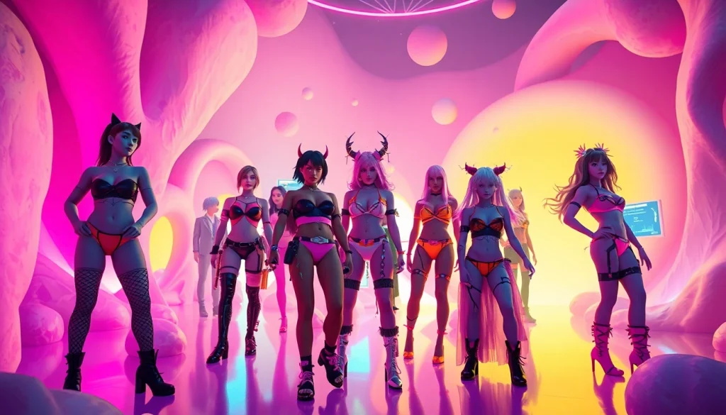 Customizable NSFW character interaction in a vibrant digital landscape.