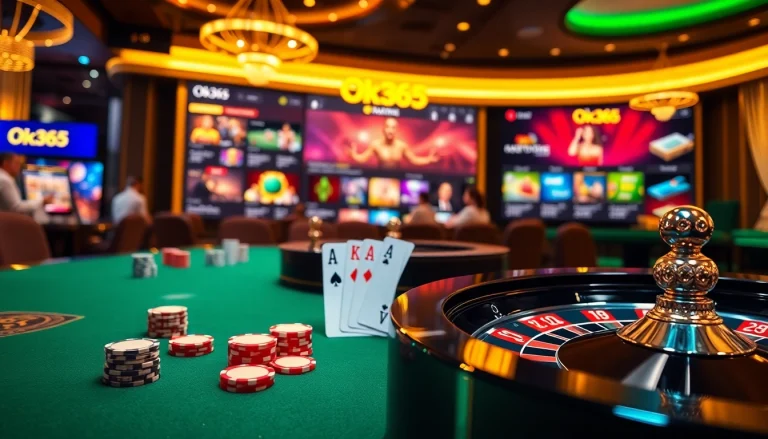 Players enjoying thrilling games at an elegant casino setting with Ok365 branding.