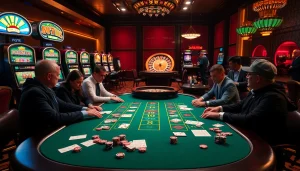 Players engage in a thrilling poker game at an s8-themed casino table with vibrant slot machines in the background.