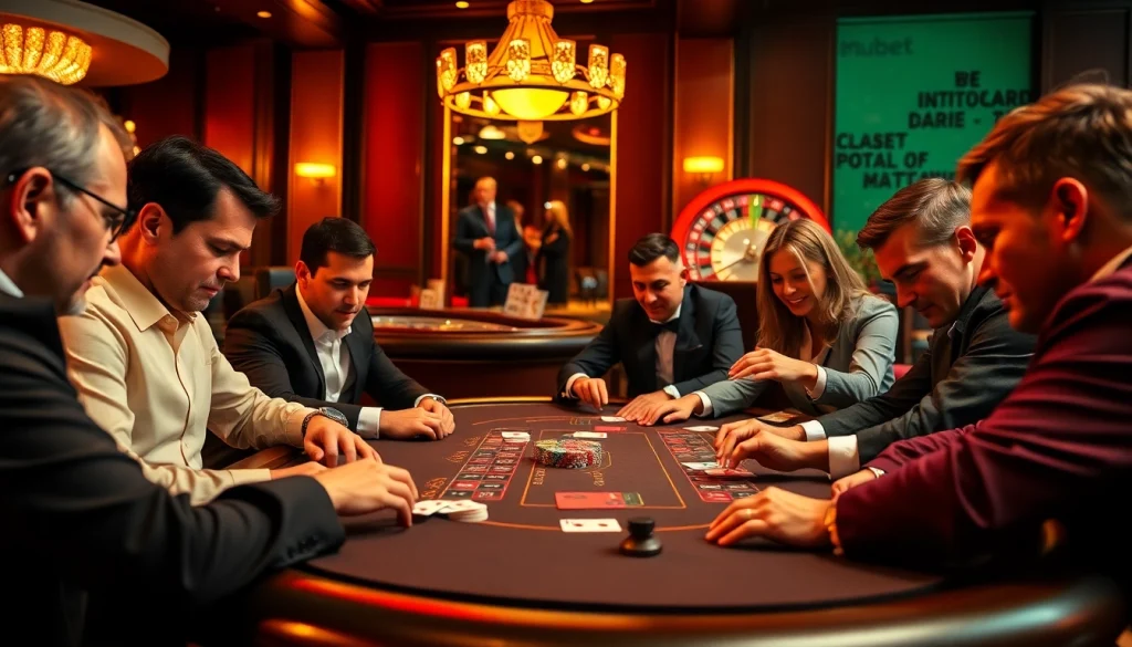 Mubet players strategizing over a high-stakes poker table in a luxurious casino setting.