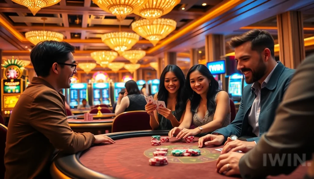 IWIN players enjoying an exciting poker game at a luxurious casino table.