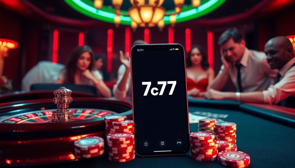 Exciting gameplay featuring the 7c77 app alongside vibrant casino elements like poker chips and roulette wheel.