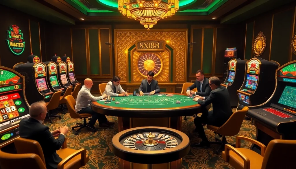 SX88 gambling table in a luxurious casino setting with enthusiastic players and vibrant slot machines.