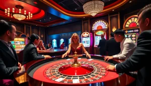 Exciting gambling scene at a luxury casino featuring MB66 roulette action and high-stake poker.