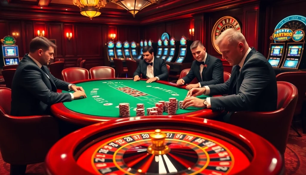 A high-stakes poker game scene at https://vj88vn.com/ with intense players, chips, and roulette wheel elements.