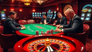 A high-stakes poker game scene at https://vj88vn.com/ with intense players, chips, and roulette wheel elements.