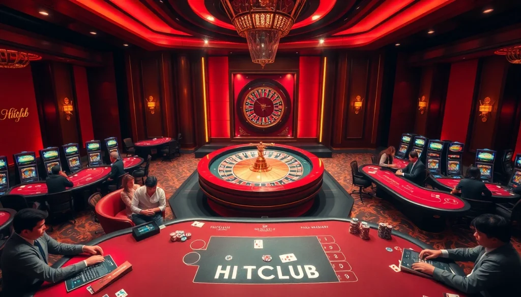 Exciting gameplay at HITCLUB casino with vibrant tables and dynamic roulette wheel.