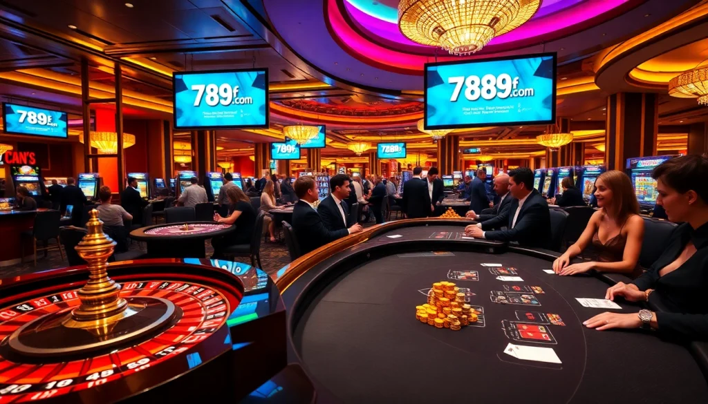 A lively casino atmosphere featuring poker chips and tables at 789f.com, showcasing excitement and luxury in gambling.